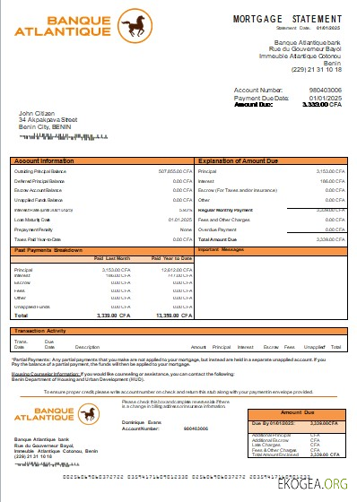 Bénin Banque Atlantique revenu hypothécaire bancaire scr